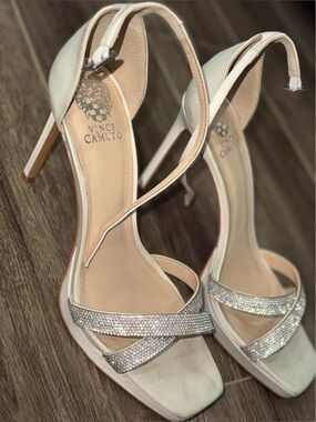 Vince Camuto Ivory Ankle-Strap Heels with Crystal Cross-Strap
